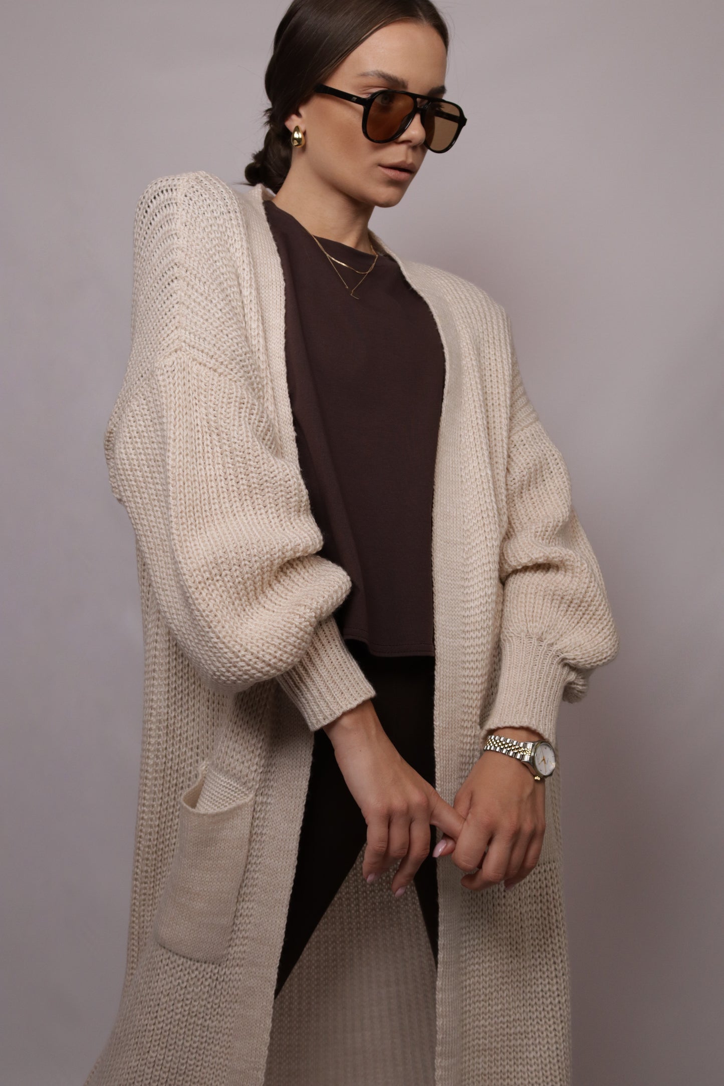 beżowy długi kardigan